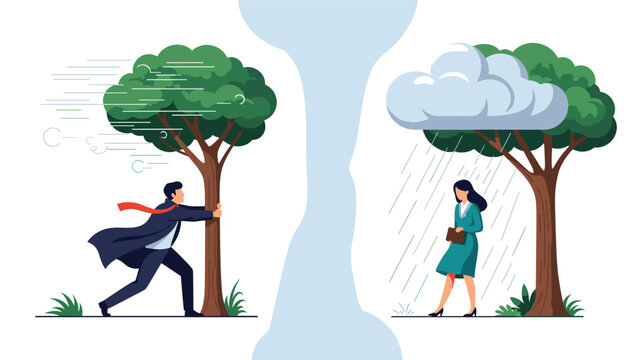 Two business people struggle to walk against strong winds and heavy rain while sheltered under large green trees.
