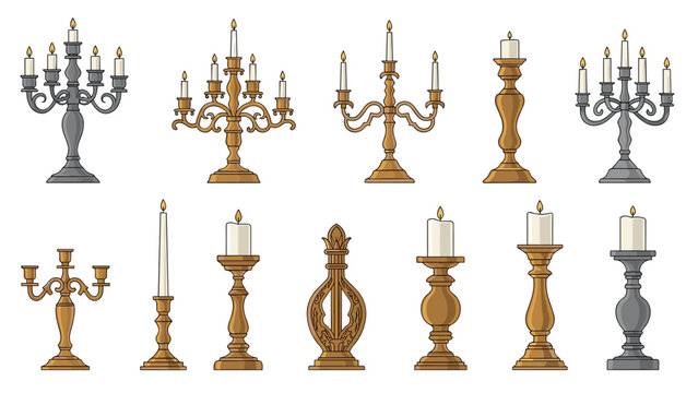 Collection of various ornate classical candlesticks and candelabras in gold and silver finishes holding white lit candles.
