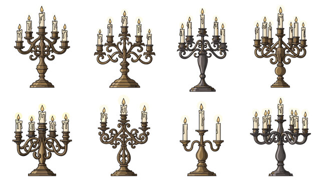 Ornate metal candelabras with multiple branches hold melting white candles in a variety of classical and gothic designs.