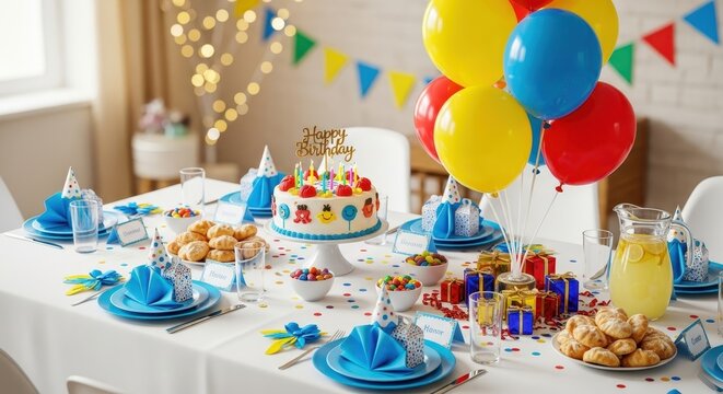 Festive Birthday Party Table Setting with Cake and Balloons.