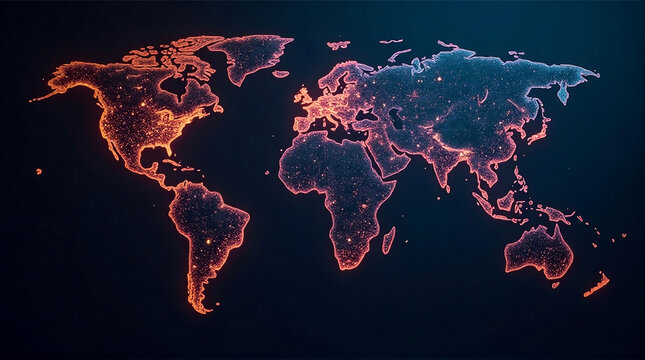 Dynamic Digital Earth Map with Glowing Particle Networks Illuminating Global Connections and Technological Interdependence