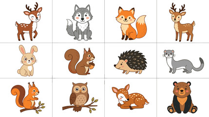 Fototapeta premium Cute Forest Animal Vector Illustration Set with Deer, Wolf, Fox, Rabbit, Squirrel, Hedgehog, Owl, Ferret, Fawn, and Bear for Kids, Stickers, Educational, and Digital Designs