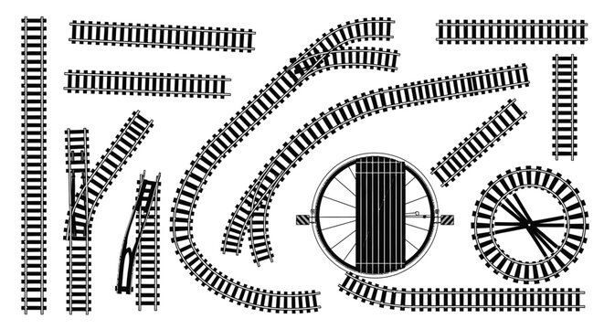 Collection of various railway track sections rendered as a clean black and white vector graphic illustration