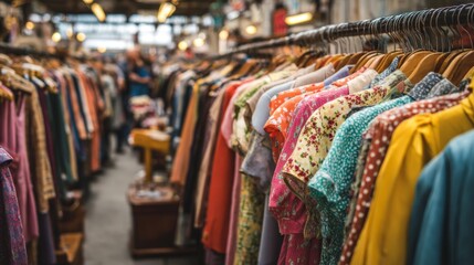 Obraz premium Vibrant and Vintage Clothing Rack in a Bustling Thrift Store Filled with Colorful Garments and Unique Fashion Finds for All Style Lovers. Generative AI