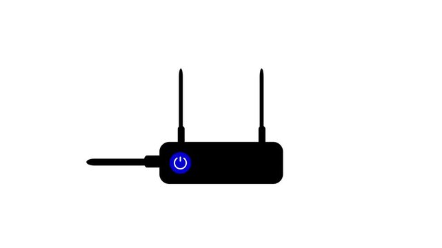 Black wireless router with two antennas and blue power button indicator lights on a white background with a cable extending to the left. Keywords: wireless router, wifi router, internet modem