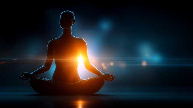 Faceless human silhouette in yoga lotus pose with a glowing aura and meditation mantras representing a Buddhist and spiritual practice. Lotus pose silhouette, glowing aura,
