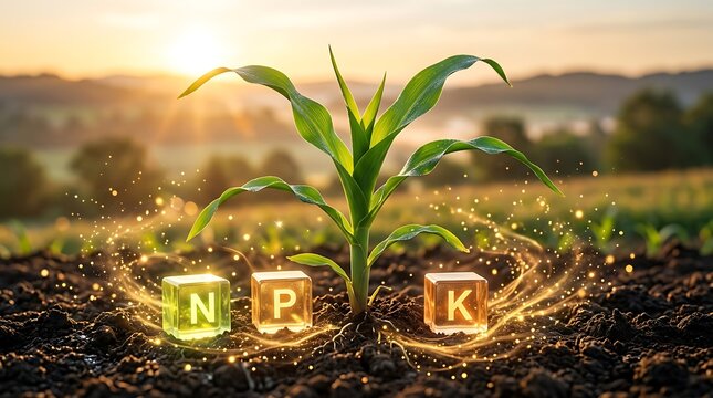 Young corn plant growing vigorously in fertile soil, surrounded by luminous cubes labeled NPK, symbolizing essential nutrients for agriculture and plant growth.