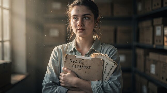 Serious Young Woman Holding Old Folders in Dusty Archive Room
