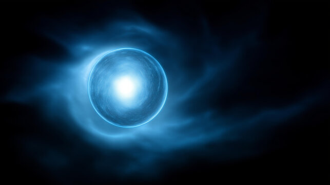 Blue circle with soft white swirling patterns on a dark background for a minimal and cosmic abstract concept. Blue circle white swirls, dark background, cosmic minimal, abstract
