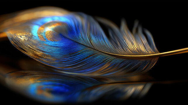 Gold and blue peacock feather design with iridescent detail for a luxury and decorative concept. Peacock feather gold blue, iridescent luxury, decorative design, elegant concept ,