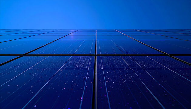 Solar cell wall featuring dark iridescent monocrystalline silicon with fine silver contact wires reflecting a blue sky and purple shimmer generative AI