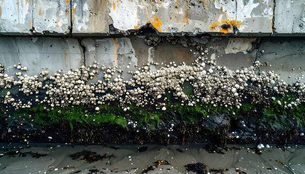 Concrete seawall at low tide featuring dark wet algae and a dense layer of sharp white barnacles with salt crusts generative AI