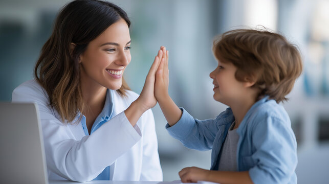 Faceless female speech therapist and little boy giving each other a high five in an office for a therapy success and childhood development concept. Defocused office background.
