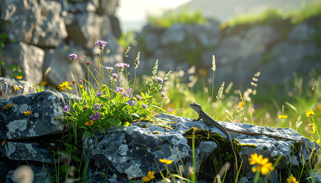 Collapsed stone wall where nature takes over with wildflowers and tall grass growing between grey rocks and a camouflaged lizard generative AI