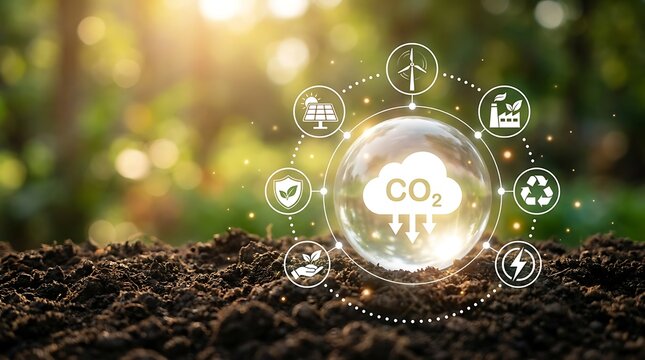 Digital CO2 reduction concept with renewable energy icons surrounding a bubble on fertile soil, representing environmental sustainability and clean technology.