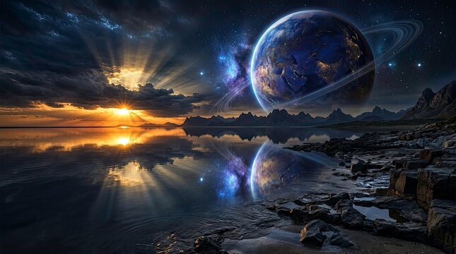 Stunning sunset over alien planet with rings on a beautiful water reflection.