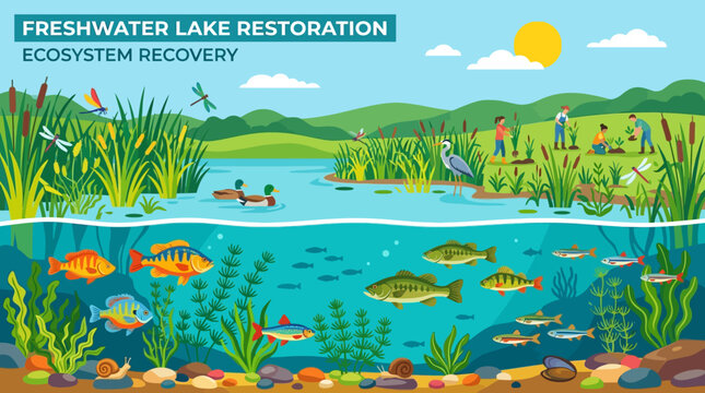 Detailed illustration of a freshwater lake ecosystem recovery project, featuring flora, fauna, and human conservation efforts.