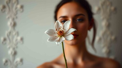Naklejka premium A soft-focus portrait captures a woman holding a delicate white flower in front of her face, creating an intimate and serene atmosphere with a hint of mystery.