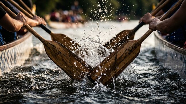 A dynamic close-up shot of wooden paddles hitting the water, creating a powerful splash during a fast-paced dragon boat race