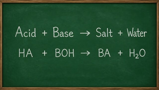Green chalkboard displays chemical equation for acid-base neutralization reaction