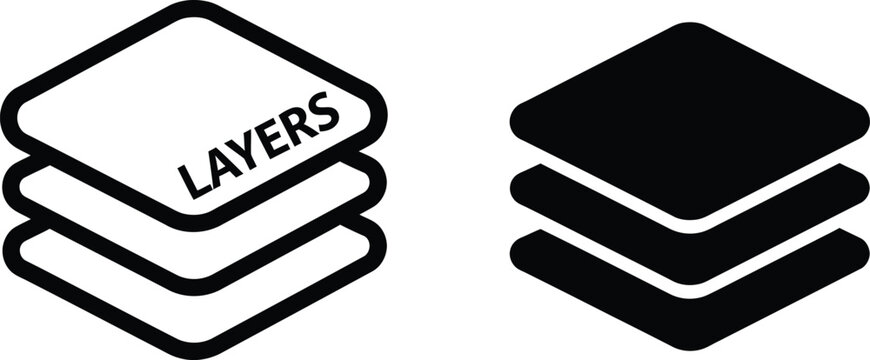 Stacked square layers icon set showing distinct levels and organization for digital software interface navigation