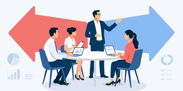 Direction. Business strategy. Leader and the team is discussing strategy. Vector illustration