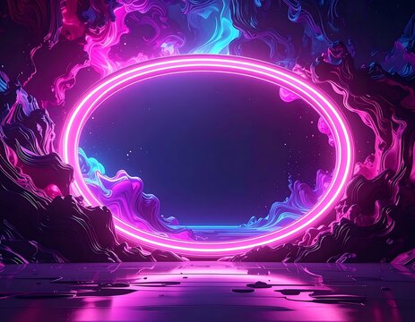 A neon pink oval frame glows amidst swirling purple and blue flames