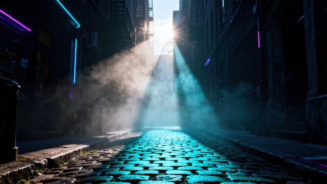 Crepuscular rays sunbeams, Tyndall effect volumetric light in morning alley, sunlight beams cutting through building gaps, misty haze, illuminated bluestone pavement, cinematic contrast.