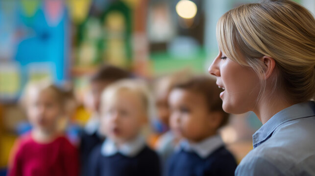 Faceless teacher singing with children in a classroom for education, growth, nursery rhymes, and creative development in a kindergarten concept. Defocused classroom background.