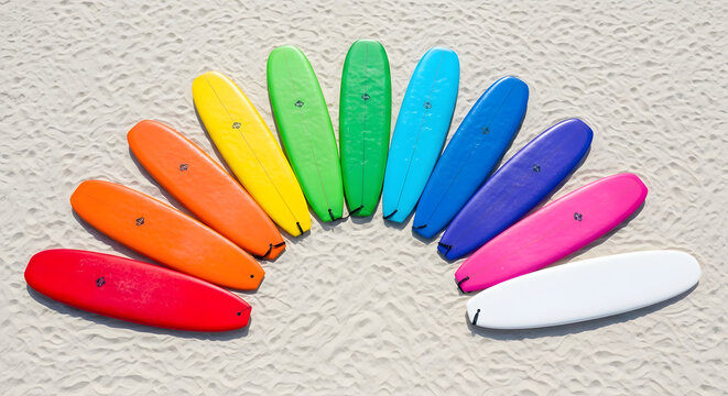 Colorful surfboards arranged in a fan shape on beach sand