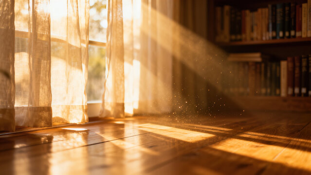 Crepuscular rays sunbeams, Tyndall effect sunlight through sheer curtain window, beam illuminating dust particles, warm quiet wooden floor study interior, soft bokeh.