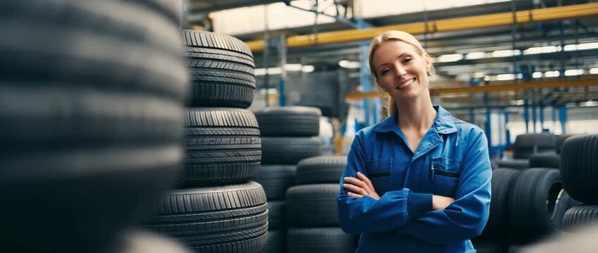Standing next to a pile of vehicle tires is a female employee wearing a blue outfit. A professional lady working in a plant that makes cars.