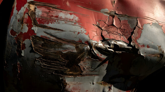 Close-up of damaged red car metal after an accident with car damage vehicle damage accident collision corrosion deformed automotive transportation insurance close-up weathered