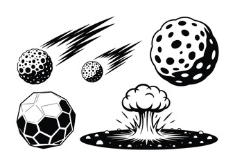 Stylized Asteroids, Geometric Sphere, and Atomic Explosion © vector Art