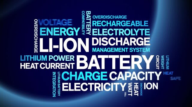 Li-ion Battery animated word cloud-text design animation tag kinetic typography seamless loop.