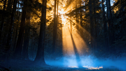 Obraz premium Crepuscular rays sunbeams, Tyndall effect in ancient forest morning, misty volumetric light piercing canopy, golden dust particles floating, dramatic dark contrast, serene primeval nature.