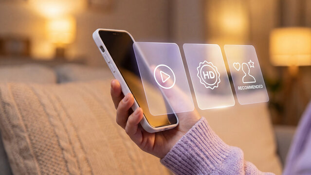Woman using smartphone with holographic streaming icons showing play button, HD quality badge, and recommended content &mdash; mobile entertainment technology concept