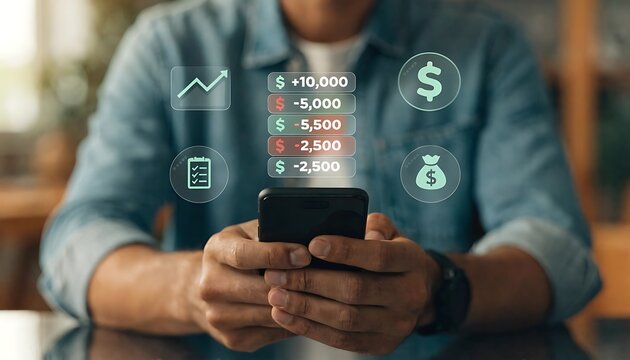 Mobile finance management concept with person checking real time transactions, digital income and expense tracking, and financial data analytics on smartphone for personal budgeting and businessman ho