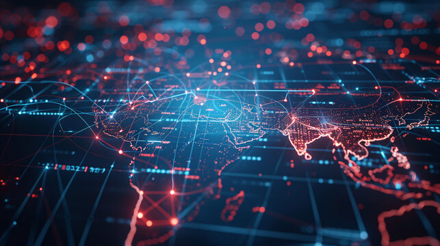 Digital map showing global cyber attack patterns with lines connecting different parts of the world.	