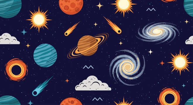 Vast space exploration seamless pattern with planets, swirling galaxies, black holes, stars, and comets on a dark blue background.