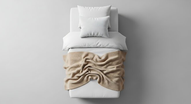 Minimalist single bed with white bedding and a textured beige throw, overhead view, clean and serene bedroom setting