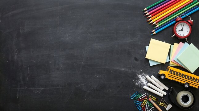 Back to School Supplies Arrangement on Chalkboard Background with Copy Space