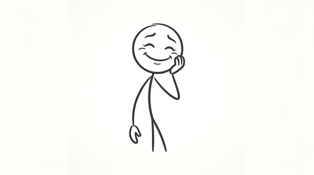 Minimalist stick figure doodle with a happy and shy expression, gently touching its cheek, conveying delight and a touch of bashfulness