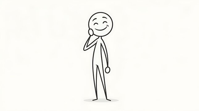 Minimalist stick figure illustration of a joyful character with a thoughtful expression, hand touching cheek, symbolizing contemplation, happiness, or shyness in a simple vector graphic
