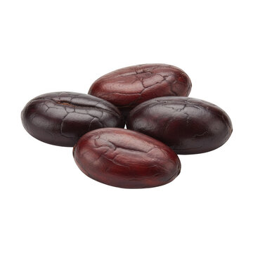 Four roasted cocoa beans isolated on a transparent background