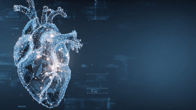 Futuristic 3D rendering of a low-poly geometric human heart model with glowing golden data particles and light sparks on a dark blue background.