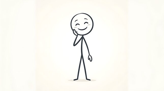 Playful Stickman Character Expressing Excited Joy and Bashful Happiness. Simple Hand-Drawn Doodle Illustration of Positive Emotion