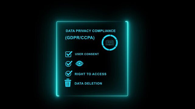 Glowing neon Data privacy compliance concept. GDPR/CCPA checklist with user rights. Minimalist style image. Privacy law, security, business and regulation theme.4k motion video
