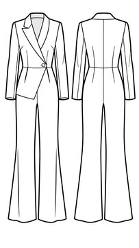 Asymmetrical blazer jumpsuit design flat sketch fashion illustration with front and back view, long sleeve buttoned overall with wide flare leg pant drawing vector template.