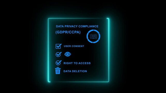 Glowing neon Data privacy compliance concept. GDPR/CCPA checklist with user rights. Minimalist style image. Privacy law, security, business and regulation theme.4k motion video